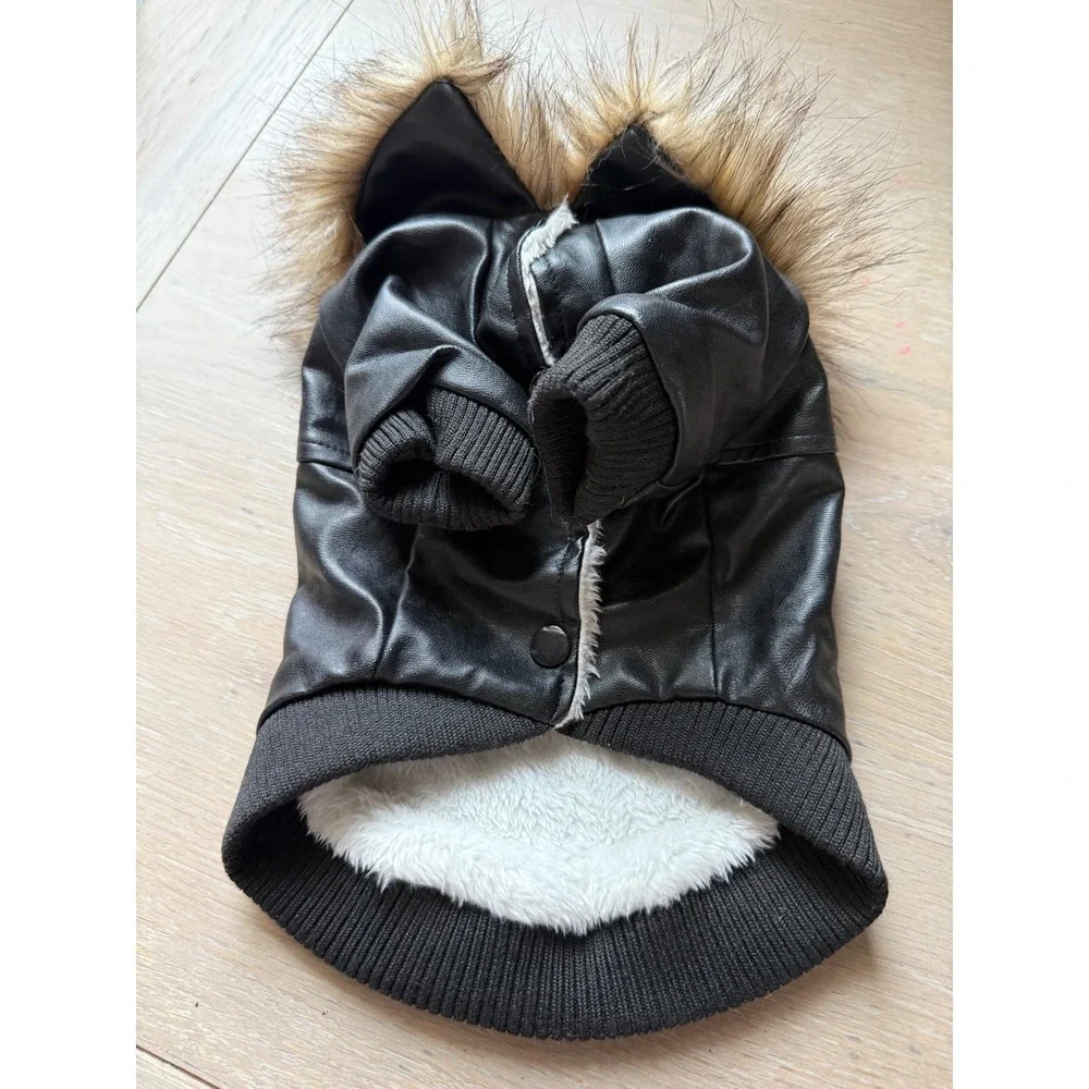 Black Faux Leather Dog Bomber Jacket Faux Fur Hooded Aviator Coat Medium